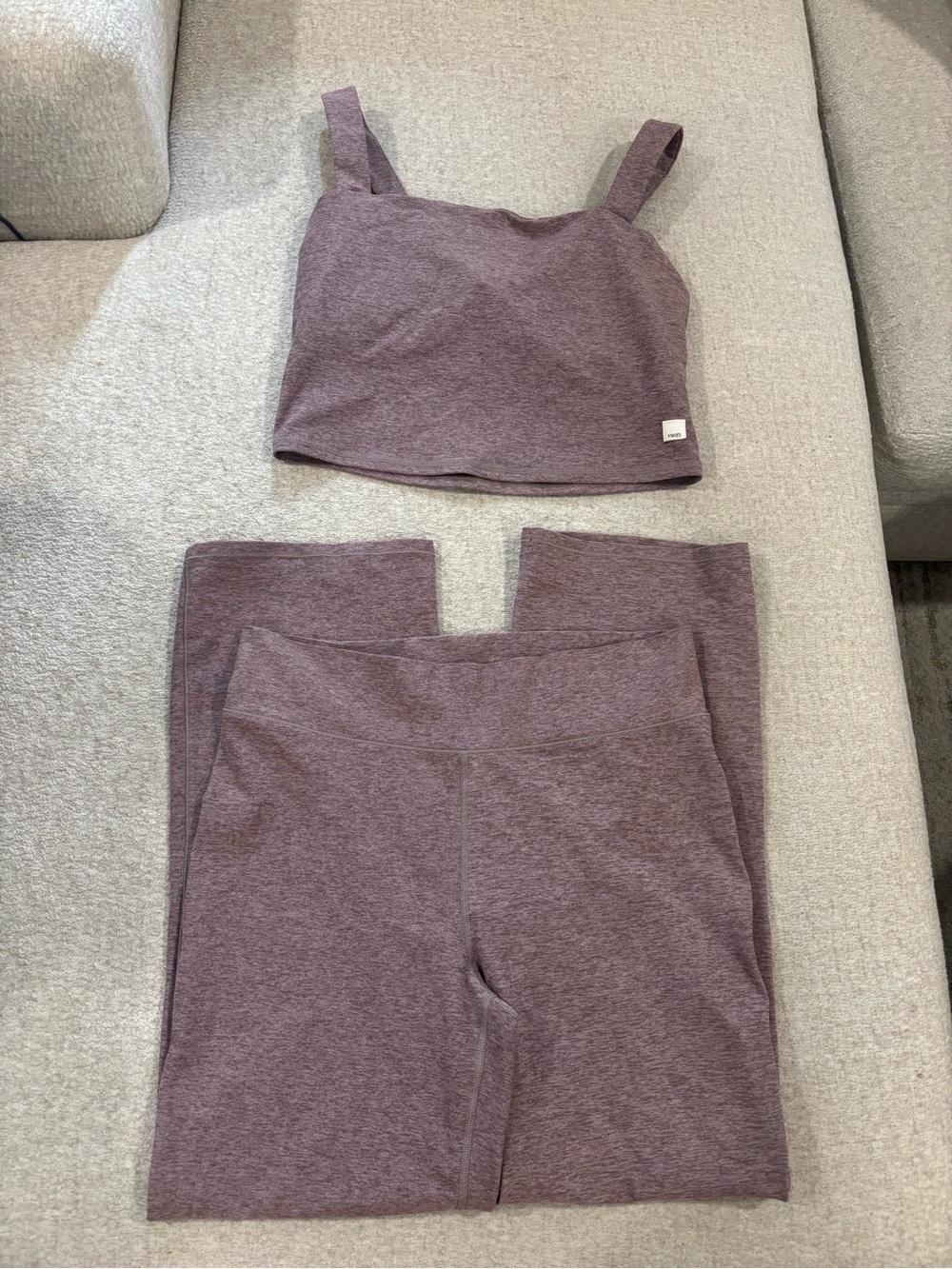 Vuori Heathered Plum Active Leggings and Crop Tank Set